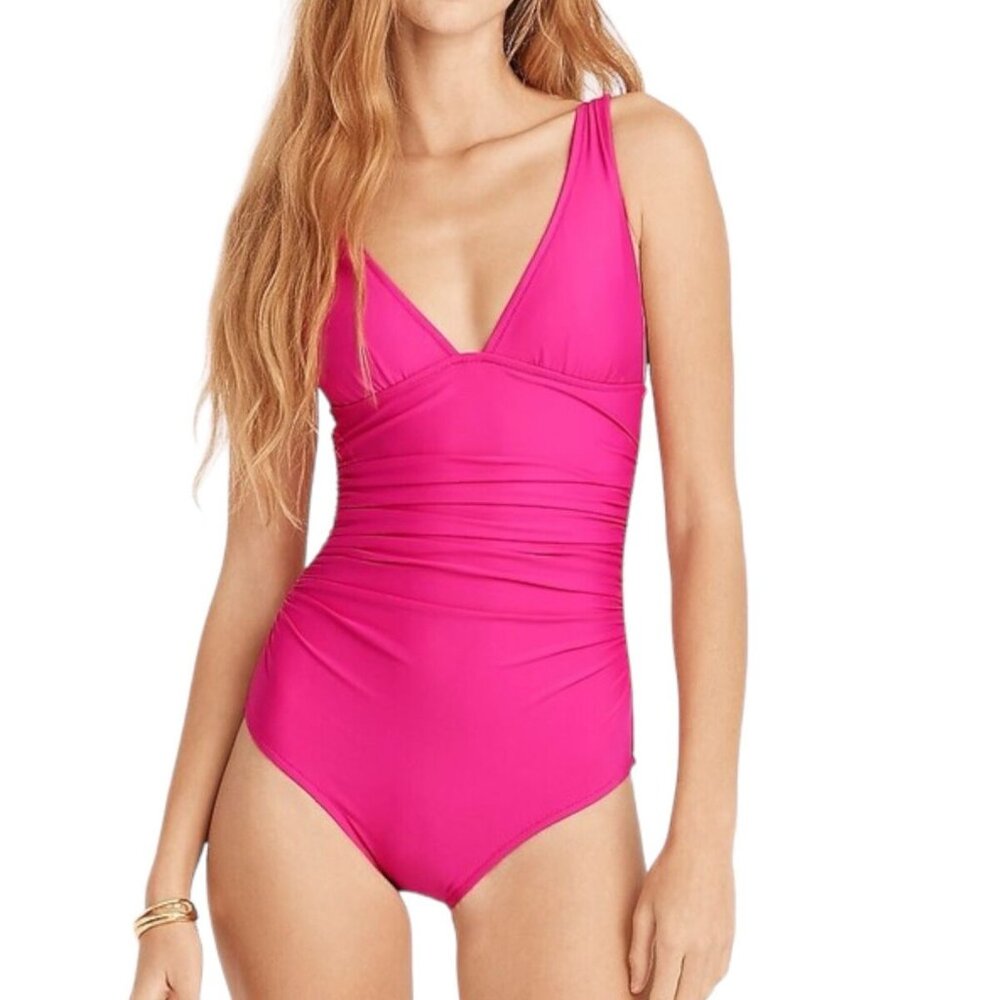 J.Crew Hot Pink Swimsuit with deep V neck Moderate Coverage One-piece